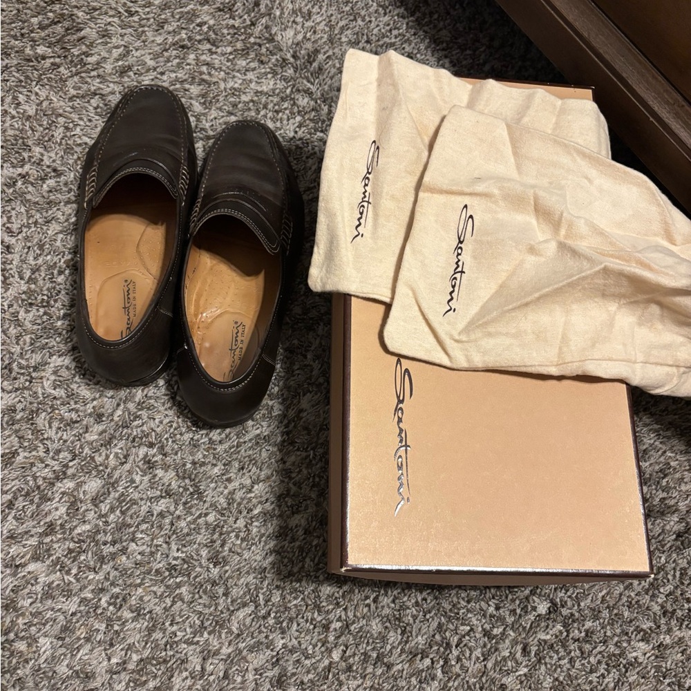 Santoni Dark Brown Leather Slip-On Loafers
